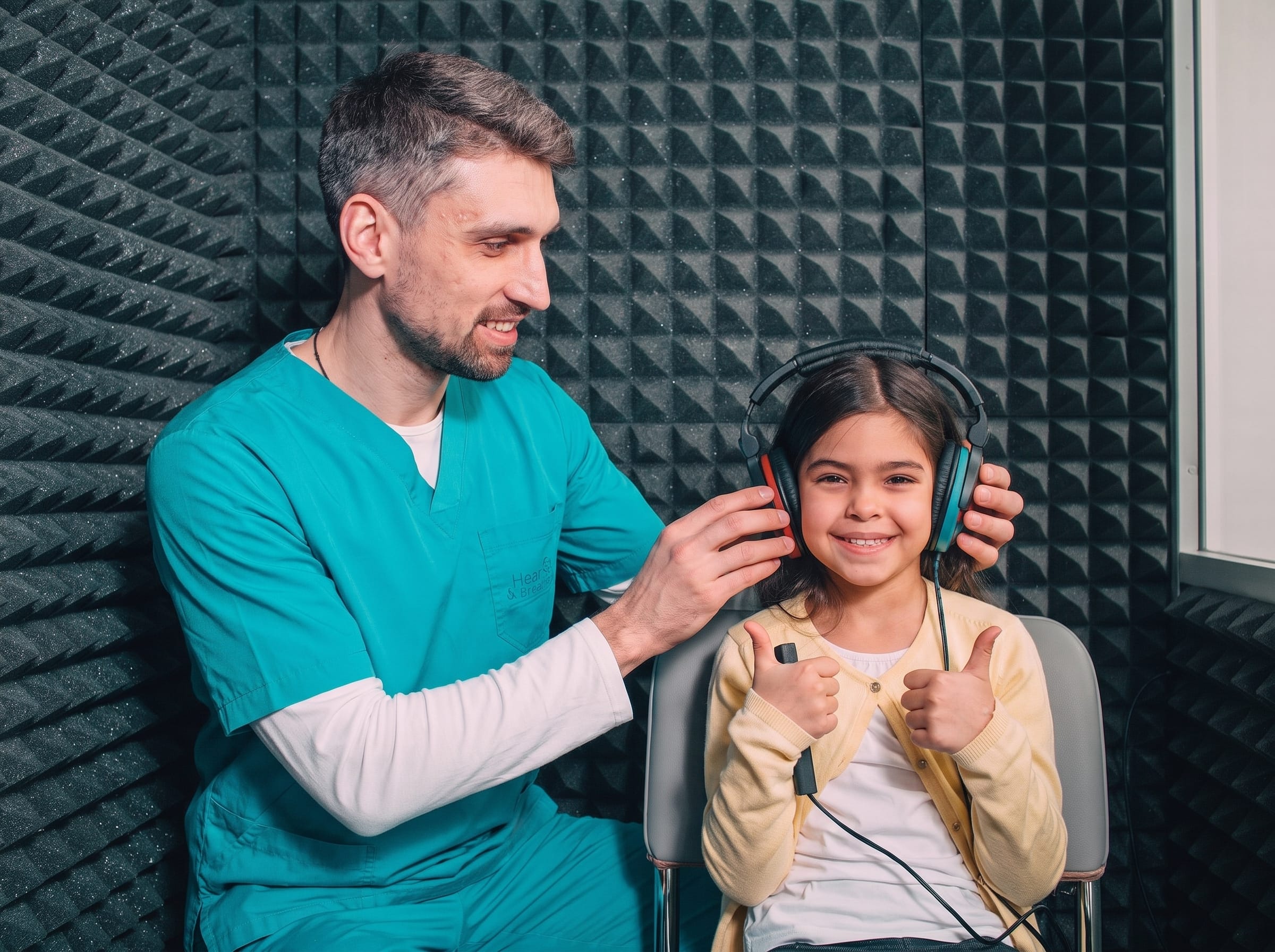 Audiólogo colocando audífonos a una niña durante un examen auditivo en Cancún
